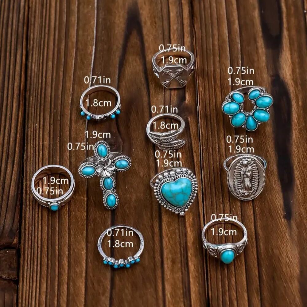 NEW 10pcs Boho Western Stacking Rings – Vintage Cross, Heart, & Floral Set - Picture 3 of 4